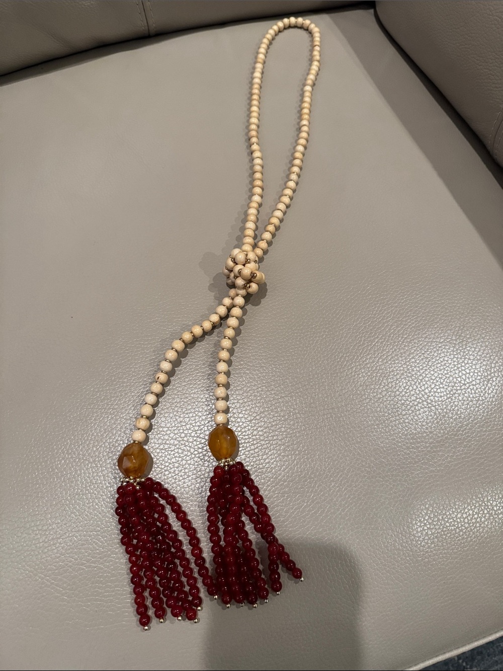 Chico's Beaded Tassel Necklace in Cream and Deep Red